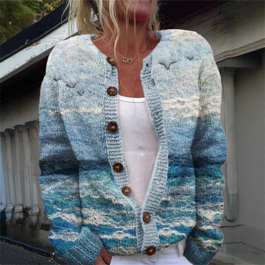 3D Digital Printing Cardigan Knitted Coat Imitation Sweaters Women's Clothing