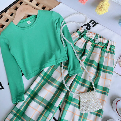 Fashion Girls Top Plaid Wide Leg Pants Set