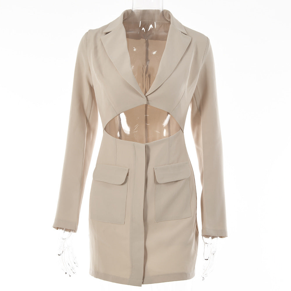 Blazer Dress Women Notched Collar Hollow Out Buttons Jacket