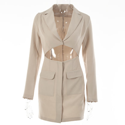 Blazer Dress Women Notched Collar Hollow Out Buttons Jacket