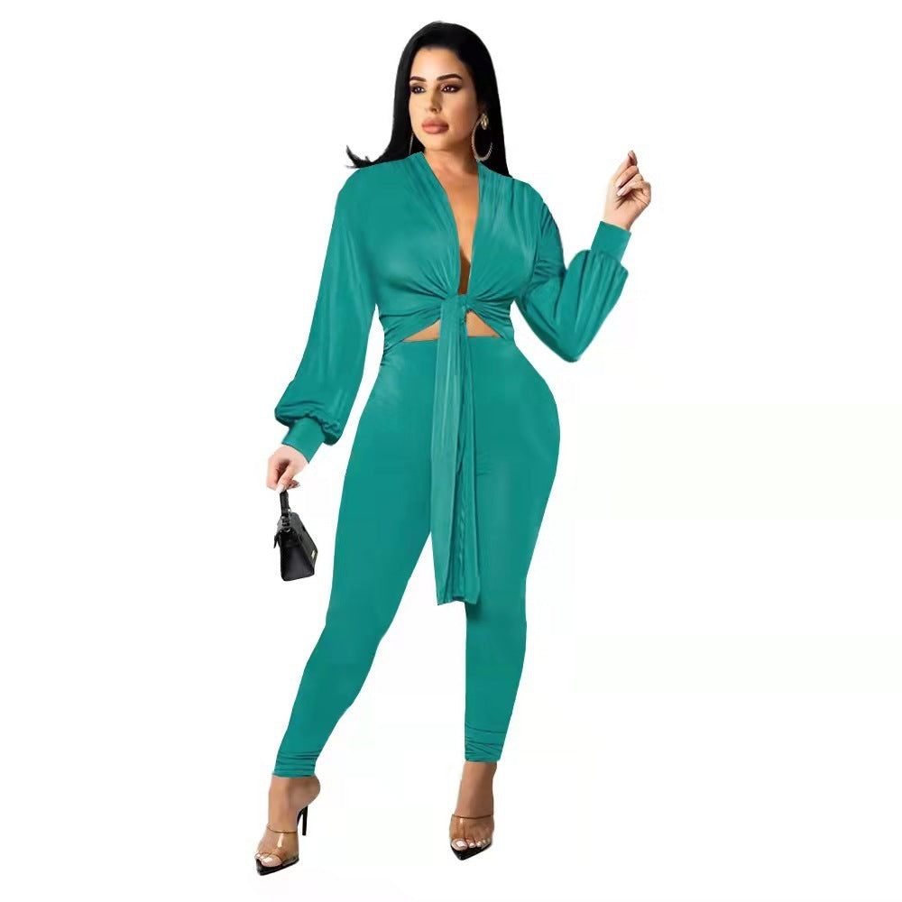 New Solid Color Tie Long Sleeve Women's Two-piece Set