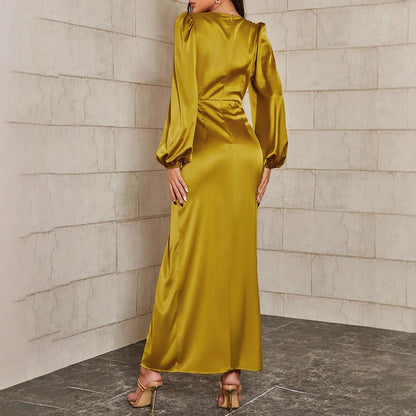 Loose Solid Color And V-neck Dress For Women