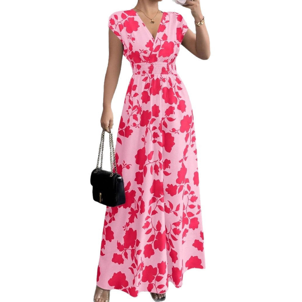 Short Sleeve Lace-up Dress Printed V-neck