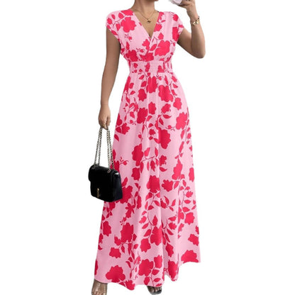 Short Sleeve Lace-up Dress Printed V-neck