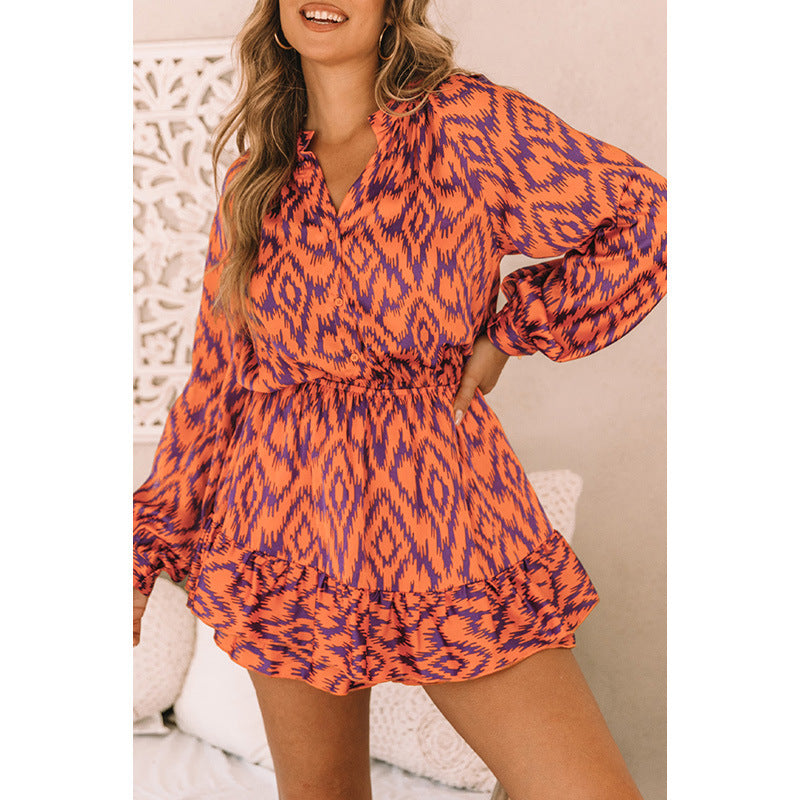 Personalized Design Sense Printed Waist-controlled Jumpsuit Women's Summer New Ruffled