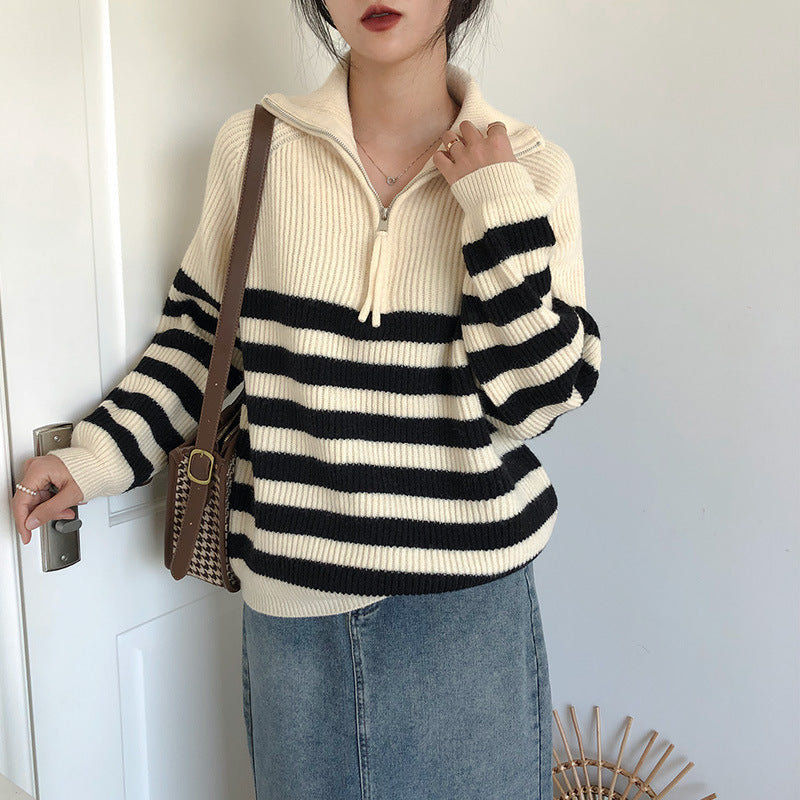 Women's Zipper Striped Sweater Japanese Soft Glutinous Idle Style