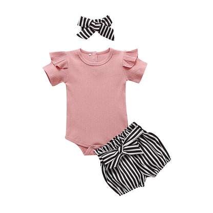 Ins Girls Small Flying Sleeve Shorts Three-piece Set