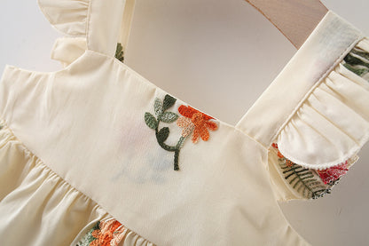 Full Body Embroidered Flowers Flounced Sleeve Cotton Dress