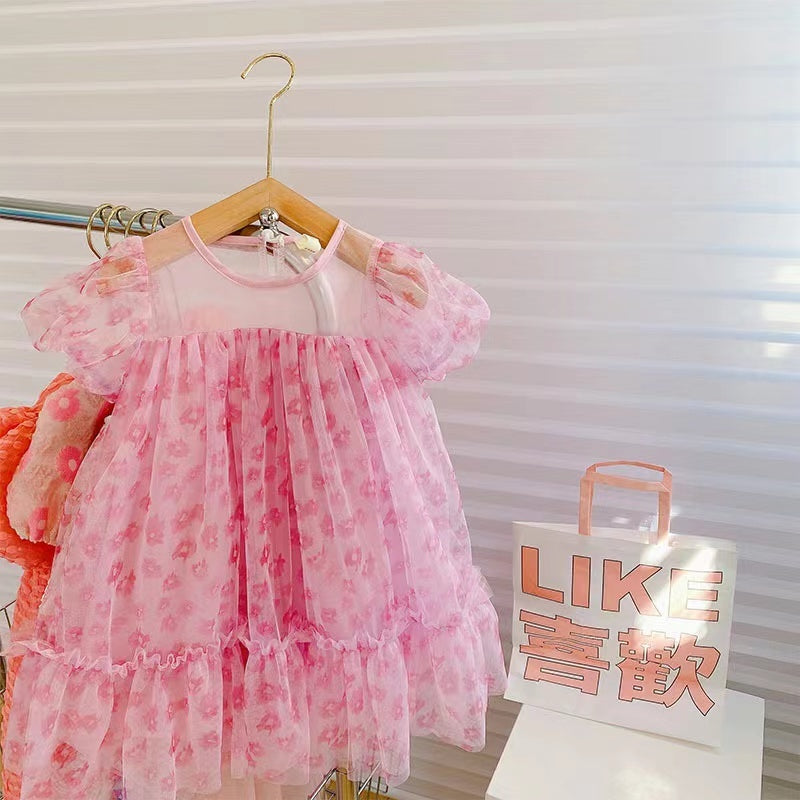 Western Style Short Sleeve Flower Mesh Fairy Dress