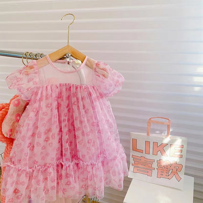 Western Style Short Sleeve Flower Mesh Fairy Dress