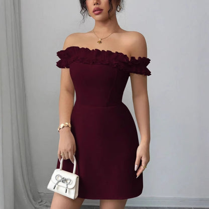 American Retro Sexy Socialite Off-neck Temperament Adult Lady Like Woman Design Sense Hip-wrapped Short Dress