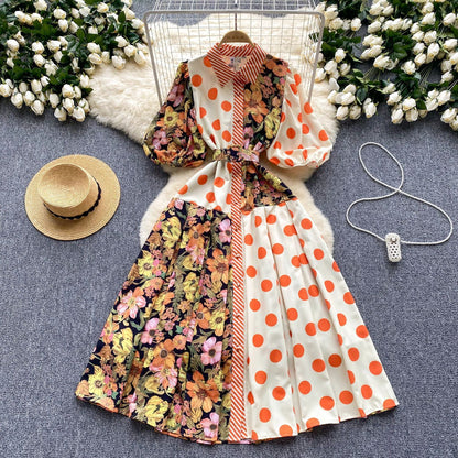 Women's Vintage Court Printed Lantern Sleeve Dress
