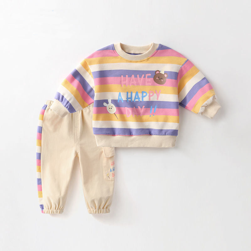 Baby Color Stripes Cartoon Bear Long Sleeve Two-piece Set