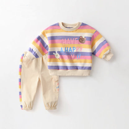Baby Color Stripes Cartoon Bear Long Sleeve Two-piece Set