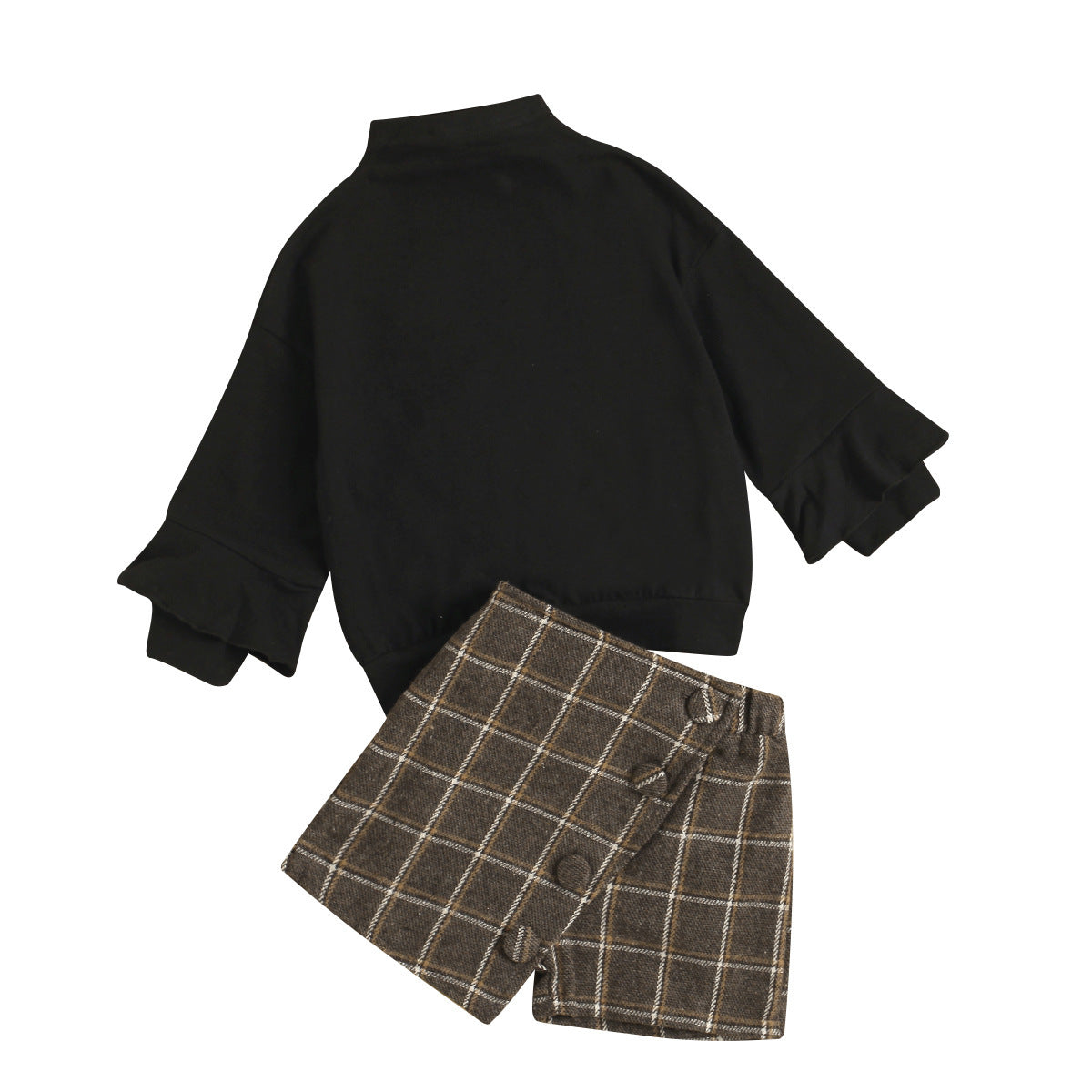 Black Long Sleeved Pullover Sweater Plaid Shorts Two Piece Autumn Outfit