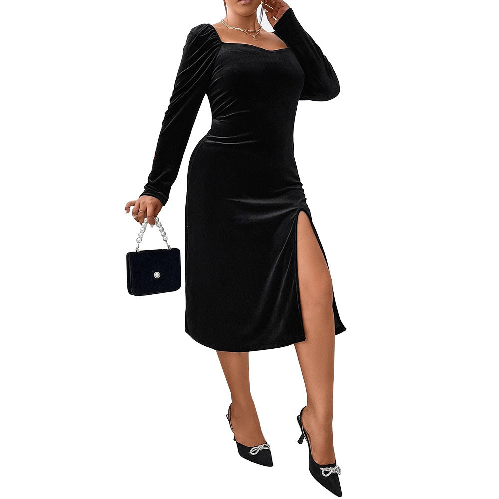 Plus Size Women's Slim Hip Split Velvet Long Sleeves Party Dress