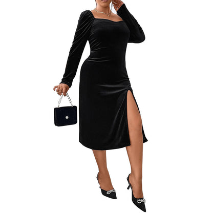 Plus Size Women's Slim Hip Split Velvet Long Sleeves Party Dress