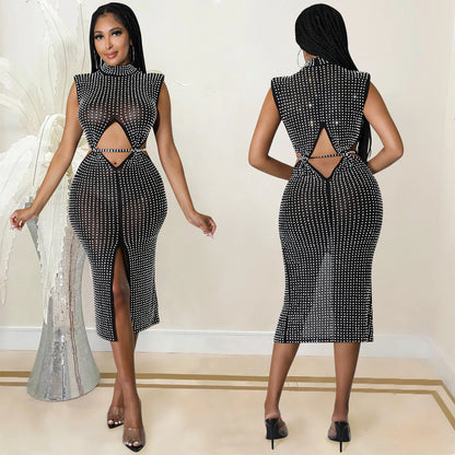 Fashion Mesh See-through Hot Rhinestone Hollow Split Dress Women's Clothing