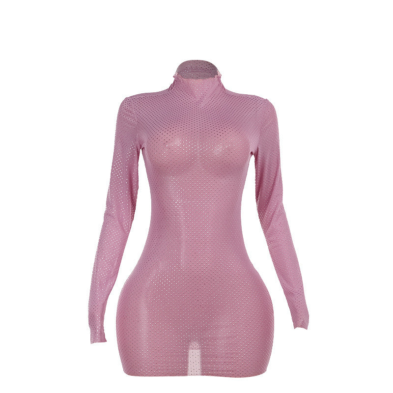European And American Style Socialite Elegant Slim Drop Plastic Half Turtleneck Mesh Dress