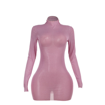 European And American Style Socialite Elegant Slim Drop Plastic Half Turtleneck Mesh Dress