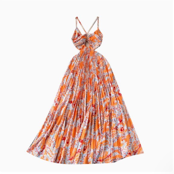 Women's Hollow-out Halter Sling High Waist Slimming Printed Pleated Dress