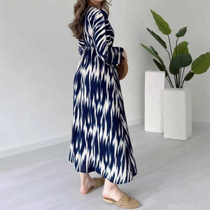 New Printed V-neck Slit Loose Long Sleeve Dress