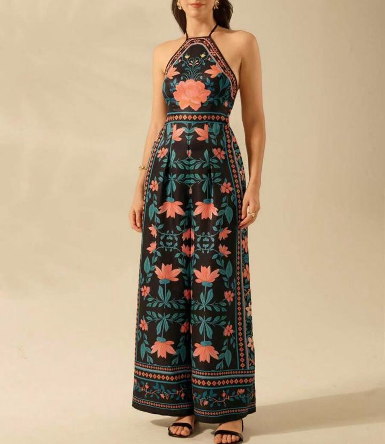 Women's Fashion Printed Sleeveless Halter Wide Leg Jumpsuit