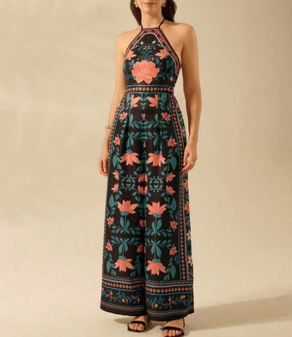 Women's Fashion Printed Sleeveless Halter Wide Leg Jumpsuit
