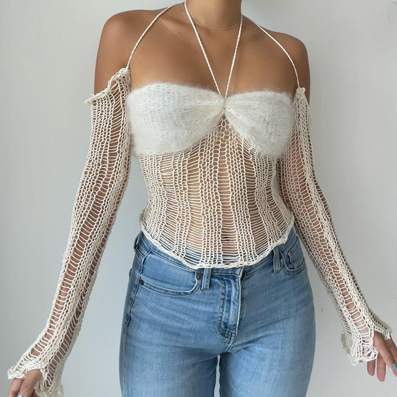 Woolen Perspective Sexy Hot Girl Neck Suspender Vest