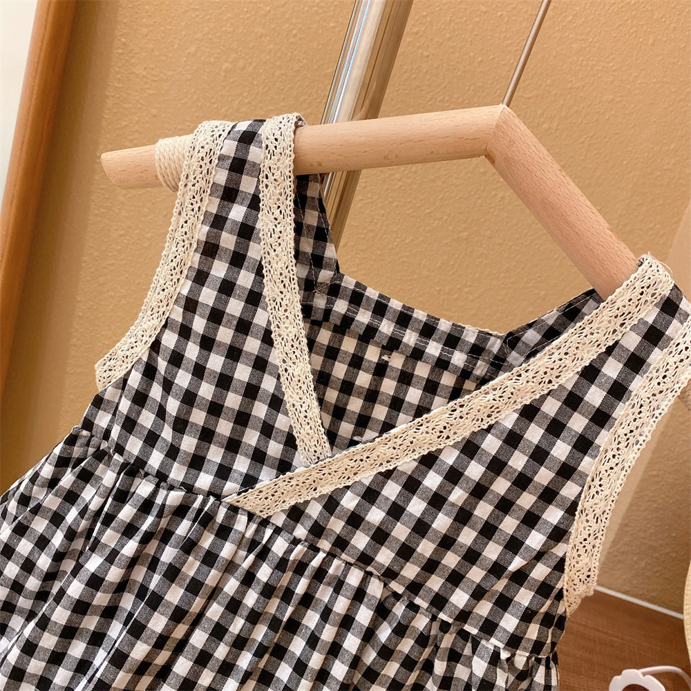 Sweet Black And White Plaid Princess Vest Skirt