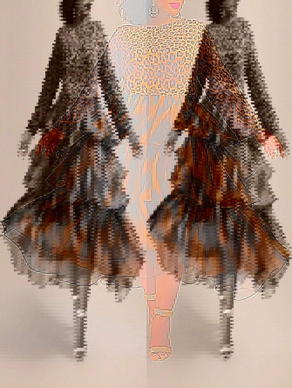 Elegant Leopard Print Cake Dress Plus Size Long Sleeve