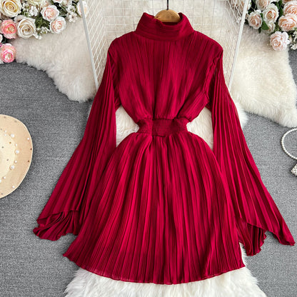 Horn Long Sleeves Stand Collar Waist A-line Chiffon Dress