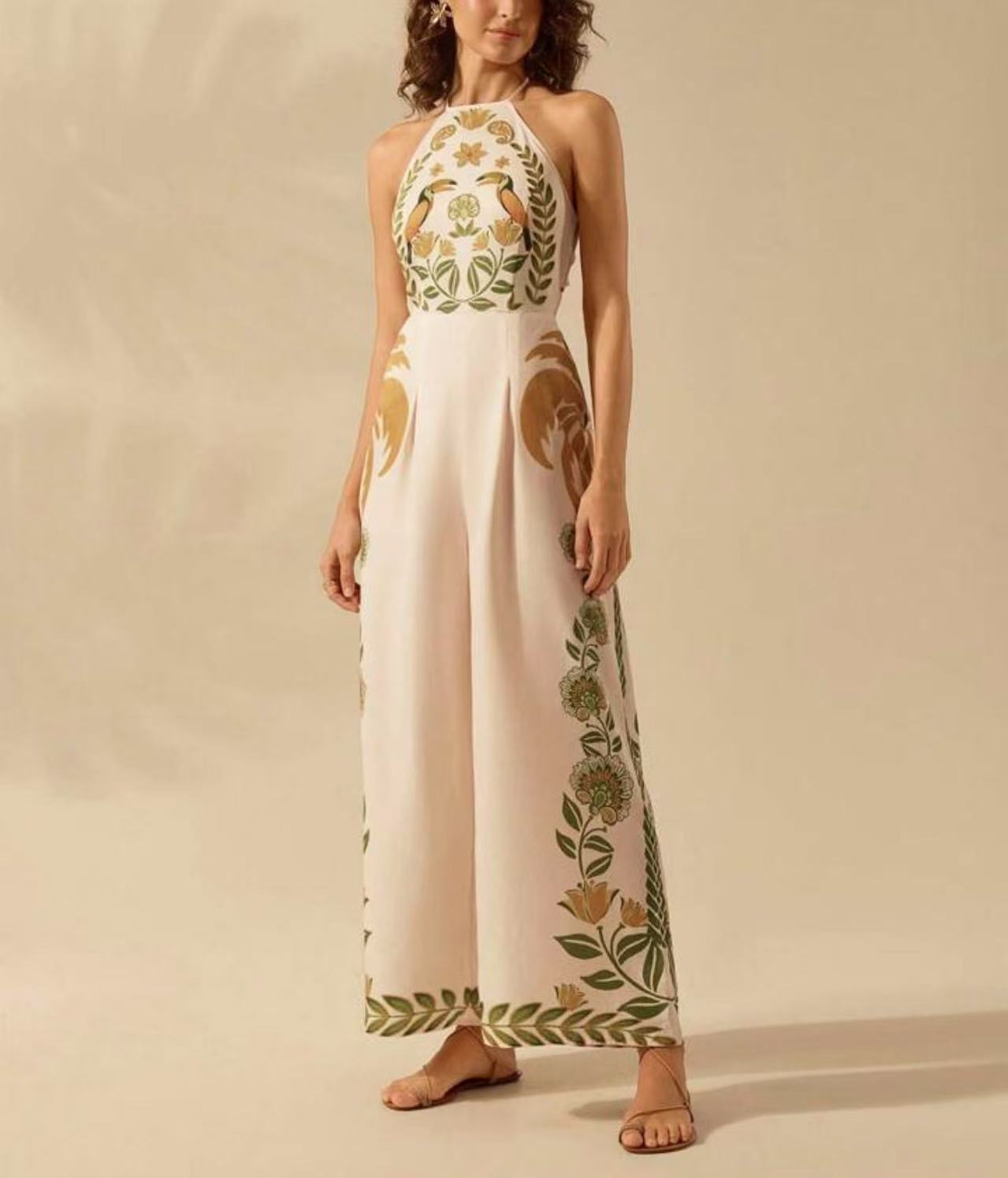 Women's Fashion Printed Sleeveless Halter Wide Leg Jumpsuit