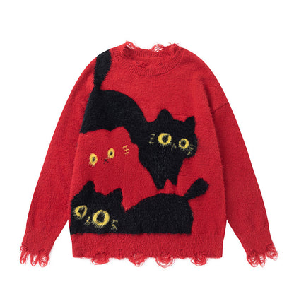 American Retro Plush Cat Ripped Tassel Design Sweater