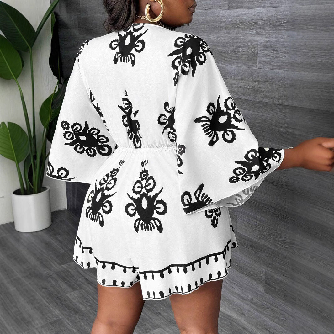 European And American Fashion Casual Bell Sleeve Women's V-neck Printed Clothes