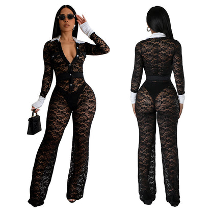 Women's Clothing Lace Contrast-color Stitching Jumpsuit