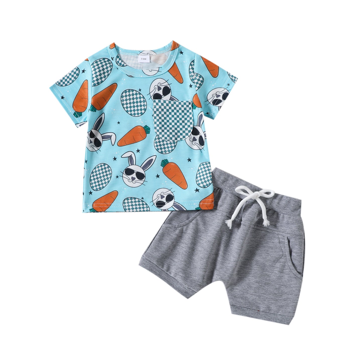 Rabbit Carrot Printed Plaid Pocket Short Sleeve