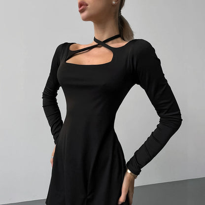 Women's Slim-fit Slimming Knitted Square Collar Design Lace-up Dress