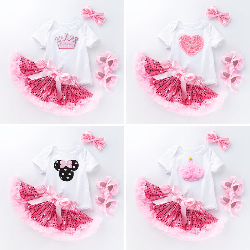 Pink sequined tutu skirt short sleeve high quality cotton romper