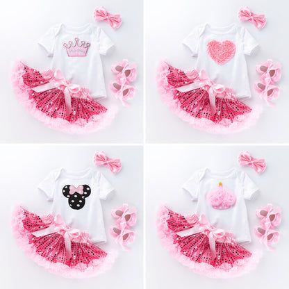Pink sequined tutu skirt short sleeve high quality cotton romper