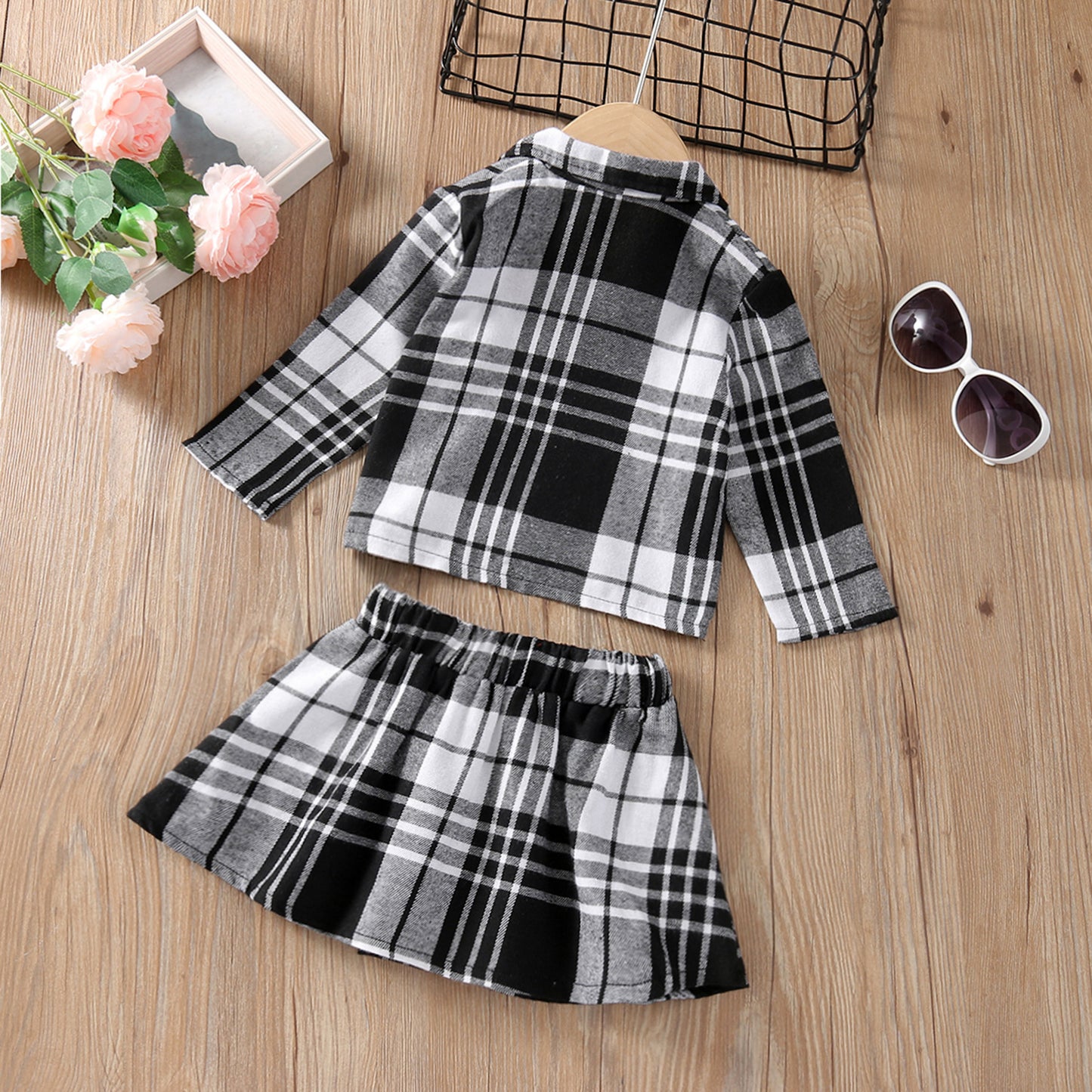Girls' Long Sleeve Plaid Skirt Two Piece Set