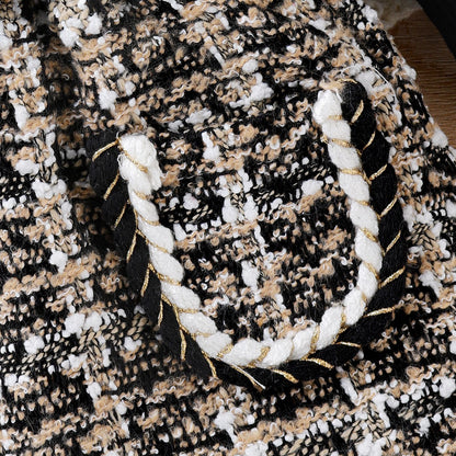 High Neck Ribbing Top Woolen Plaid Skirt Belt Girls Suit