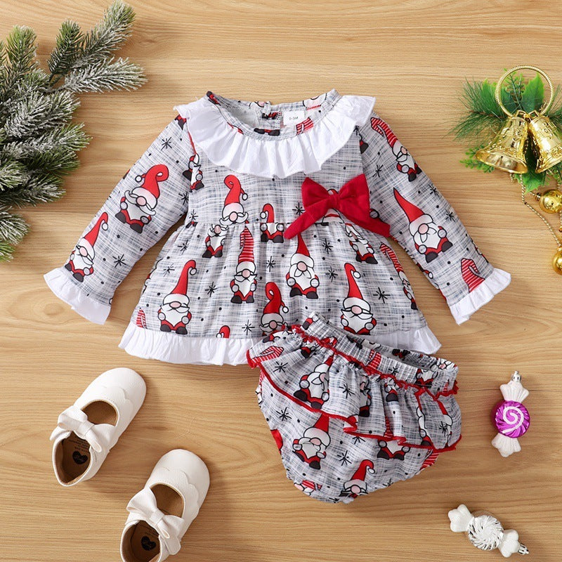 Two-piece Christmas Element Print Long-sleeved Top And Shorts
