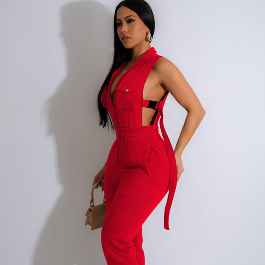 Women's Solid Color Side Jumpsuit
