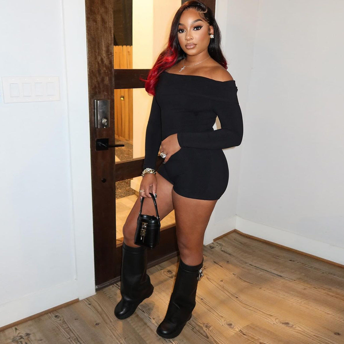 Autumn New Sexy Hot Girl Off-shoulder Long Sleeve Knitted Jumpsuit