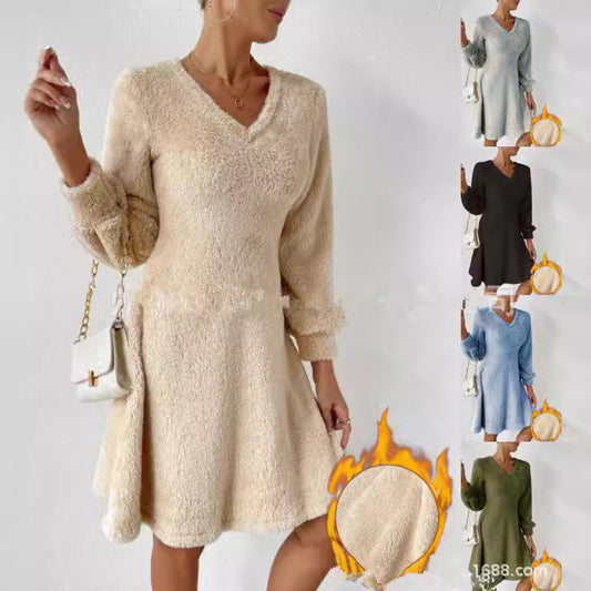 Women's Autumn And Winter Thickened Double-sided Plush V-neck Slimming Dress Pajamas