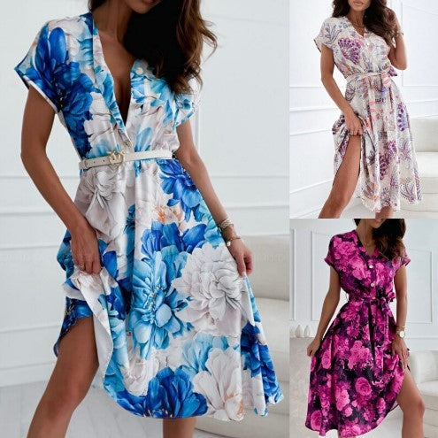 Summer V-neck Printed Short Sleeve Dress