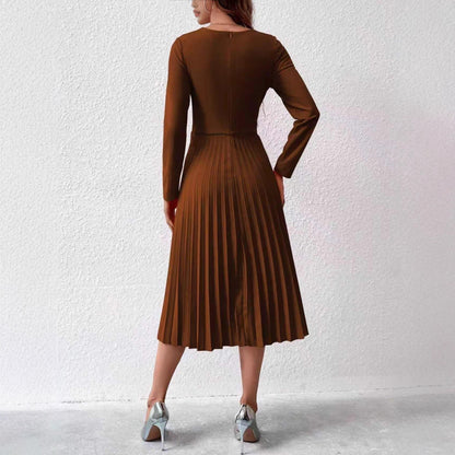 Fashionable Elegant, Solid-color Pleated Waist-cinching Slim Dress