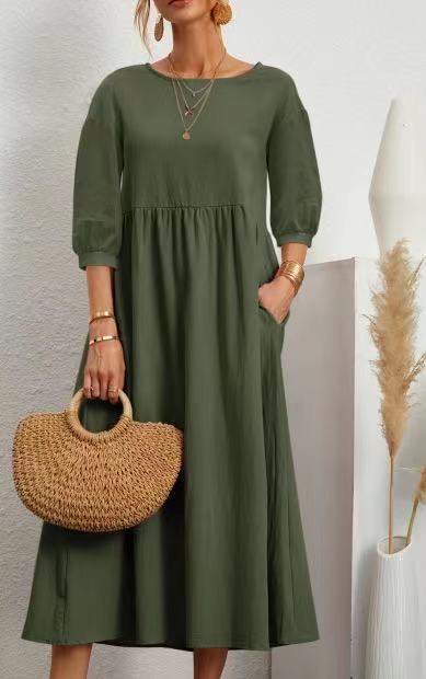 Lantern Sleeve Loose Cotton And Linen Pocket Dress
