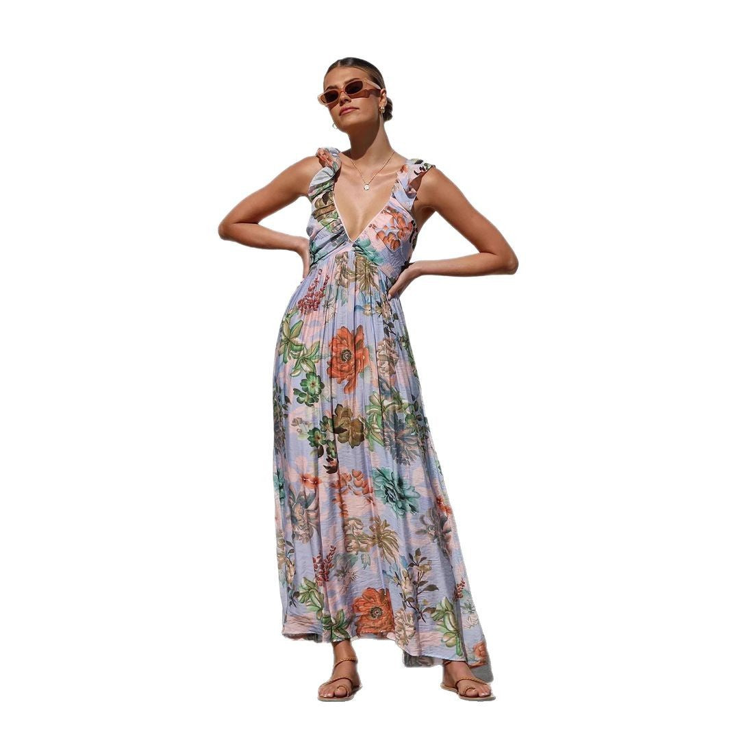 Women's Printed V-neck Large Swing Suspender Dress